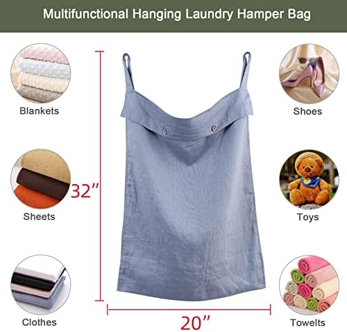 Linen Hanging Laundry Bag, 100% Linen Over The Door Laundry Hamper with Buttons and Zipper, Space Saving Door Hampers for Laundry Dirty Clothes Home Travel, Blue - Image 2