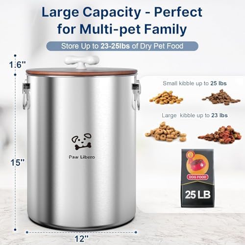 Paw Libero 2PK 25 Lbs total 50 Lbs Stainless Steel Dog Food Storage Container with Airtight Wooden Lid & Ceramic Bone Handle, Large Metal Dog Food Bin for Dogs & Cats - Image 2