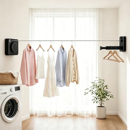 Anti-Sag Retractable Clothesline 40LB Capacity - 201in Stainless Steel Laundry Line for Indoor Outdoor, Wall Mounted Space Saving Easy Install (Black, with Pole) - Image 3