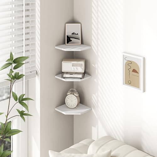 Fun Memories Corner Shelf Wall Mount, Floating Corner Shelves, Set of 6 Corner Wall Shelf Organizer, Rustic Wood Wall Storage Display Shelves for Living Room Bedroom Bathroom Kitchen, Rustic White - Image 2