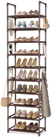 VTRIN 10 Tiers Tall Shoe Rack Holds 20-25 Pairs of Shoes Sturdy Vertical Shoe Organizer with 18pcs Hooks Stackable Narrow Shoe Rack for Closet, Entryway Brown by VTRIN