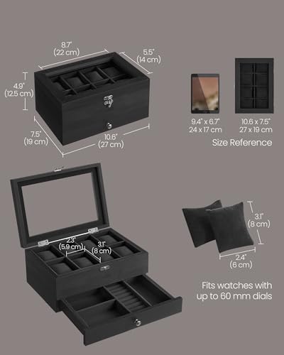 SONGMICS 8-Slot Wooden Watch Box, Display Case with Large Glass Lid - Image 4