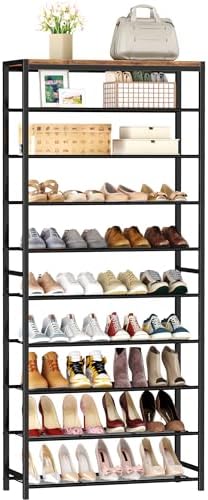 HOMEFORT 10 Tiers Shoe Rack Organizer,30" Shoe Storage Shelf for Closet, Shoe Rack for Entryway,Holds 36-40 Pairs of Shoe, Tall Shoe Stand with Metal Shelves and MDF Top Board,Rustic Brown by HOMEFORT