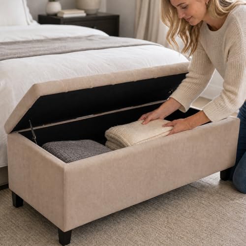Madison Park 49" Upholstered Storage Bench, Button Tufted End of Bed Bench with Storage, Dual Spring Soft-Close Lid, Bedroom Bench for Queen King Bed, Entryway Living Room, Sand - Image 6