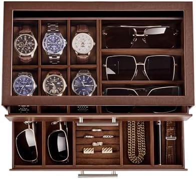 ProCase Watch Case, Mens Jewelry Box for 6 Watch & 5 Sunglasses -Brown - Image 2