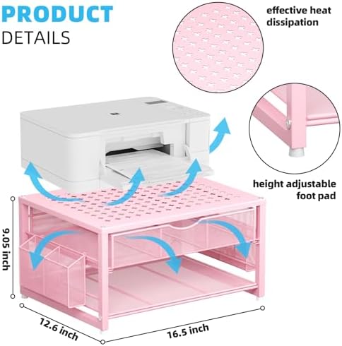 Marbrasse Metal Printer Stand for Desk with Storage Drawer and 2 Pen Holders, 2-Tier Desktop Organizer Printer Table for Home Office, Multi-Purpose Desk Organizer for Fax Machine Scanner Files(Pink) - Image 5