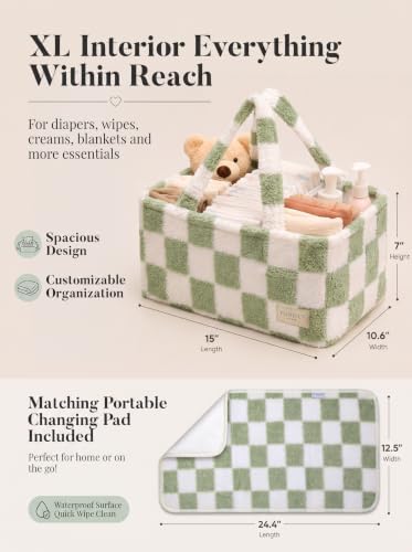 Baby Diaper Caddy Organizer with Waterproof Changing Pad, Checkered Green - Image 5