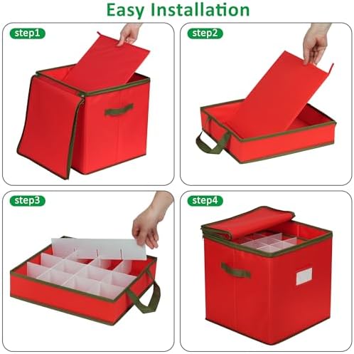 2 Pack Christmas Ornament Storage Box, Ornament Storage Include 8 Trays with Adjustable Dividers, Ornament Organizer with Handle Store Up to 128 Holiday Ornaments, Red - Image 7