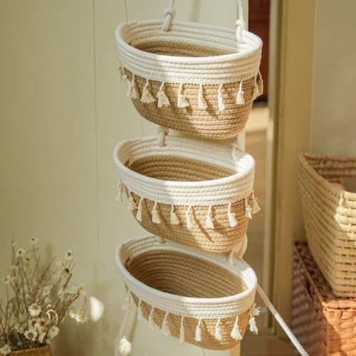 TeoKJ 3-Tier Cotton Rope Baskets with Tassels Over the Door Wall Hanging Baskets for Nursery, Living Room, Bathroom, Door Storage Organizer for Decoration Jute&White by TeoKJ