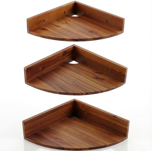 Demigo Corner Shelf Wall Mount Set of 3, Solid Acacia Wood Round Floating Corner Shelves for Storage and Display, Hanging Wood Shelves for Bedroom, Kitchen, Living Room, Bathroom (Brown) by Demigo