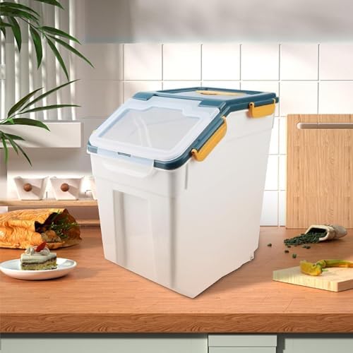 50LB Large Flour Storage Container Bin,4 Pack Airtight Plastic with Wheels Seal Locking Lid Dispenser Organizer Bin with Measuring Cup & Scoop for Flour, Rice, Grain 100LBS Total Capacity(Blue) - Image 3
