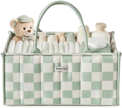 Blissful Diary Gingham Diaper Caddy Organizer, Nursery Storage, Light Green by BlissfulDiary
