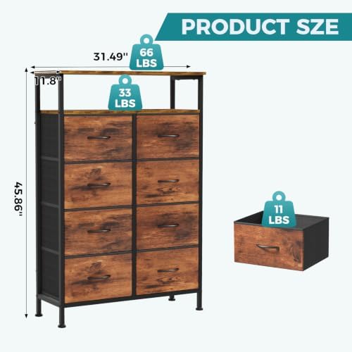 OLIXIS 8 Drawers Fabric Dresser, Raised Shelf Tall Chest of Drawers, Brown - Image 3
