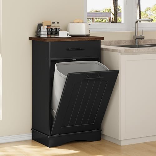 HOOBRO 10 Gallon Tilt Out Trash Cabinet, Kitchen Trash Can, Trash Bin Storage, with Flip Door and Large Drawer, Hidden Laundry Hamper Cabinet, for Kitchen, Laundry, Black and Walnut BH02LJ01 - Image 4