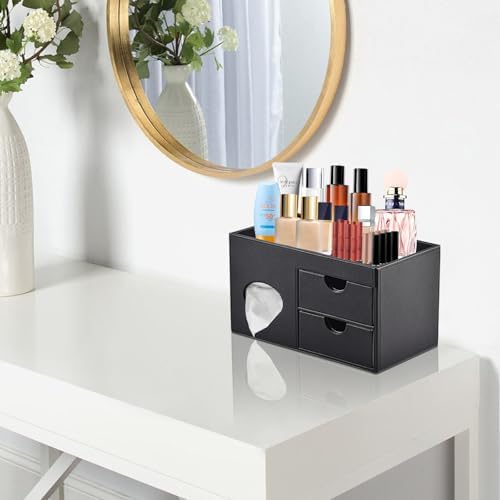 Square Tissue Box Cover with Drawers,Tissue Box Holder with Storage Tray,​ Makeup Organizer and Desk Organizer,Tissue Holders Decorative for Bathroom Vanity NightStand Dressing Table (Black) - Image 2