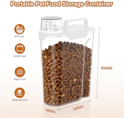 Uppetly Dog Cat Food Storage Container, 5-7Lbs Pet Food Containers, Airtight Cat Food Container with Portable Handle & Measuring Cup, Small Animal Dry Food Dispenser for Dogs, Cats and Birds White - Image 3