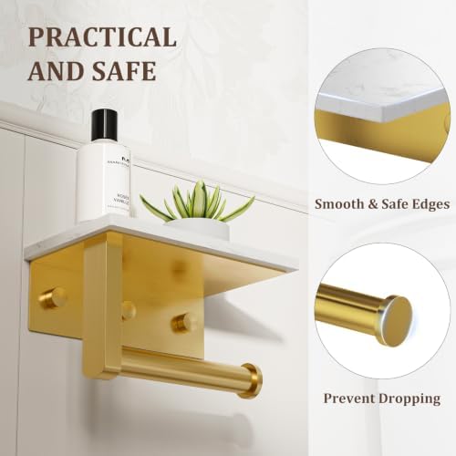 BWE Toilet Paper Holder with Marble Shelf, Toilet Paper Roll Holder Wall Mounted, Toilet Paper Roll Holder with Phone Shelf 304 Stainless Steel Tissue Holder for Bathroom Washroom (Gold) - Image 3