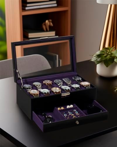 GUKA Watch Box, 12 Slot Watch Case, Watch Cases for men with Real Glass Lid, Synthetic Leather Watch Organizer storage with Jewelry Case, Birthday for Men and Women, Blue Purple - Image 2