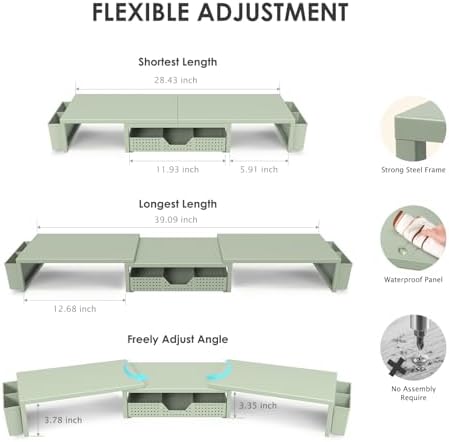 OPNICE Desk Organizers and Accessories, Dual Monitor Stand Riser with Drawer and 2 Pen Holders, Desk Shelf Computer Racks & Printer Stand for Office Workspace Organizers, Desktop Organization (Sage Green) - Image 3