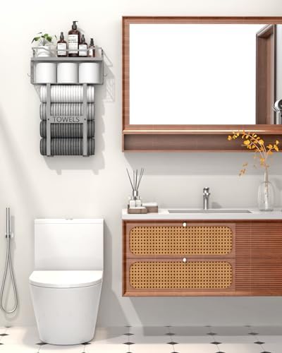 Towel Racks for Bathroom Wall Mounted - Bath Wall Towel Holder Set Above Toilet Storage, Rolled Towel Shelf Organizer for Small Bathroom, Wood Vertical Towel Rack for Bathroom Wall Decor Grey - Image 6