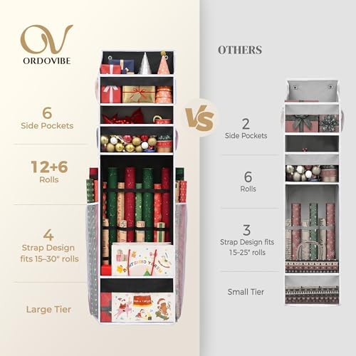 Wrapping Paper Storage Organizer – Over The Door Hanging Gift Wrap Holder for 15-30" Rolls, Space Saving Closet Organizer for Christmas, Halloween, Birthday with Side Mesh Pockets Black - Image 4