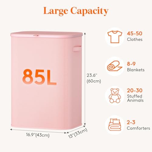 Lifewit 85L Large Laundry Hamper with Lid, Removable Inner Bag, Pink - Image 3