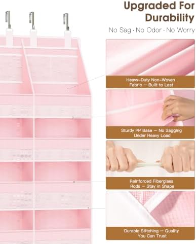 Criusia Over the Door Organizer, Extra Large 12 Compartments Closet Hanging Storage with 14 Mesh Pockets, 85lbs Capacity Behind the Door Storage for Baby Nursery, Bathroom, Bedroom, and Dorm, Pink - Image 3