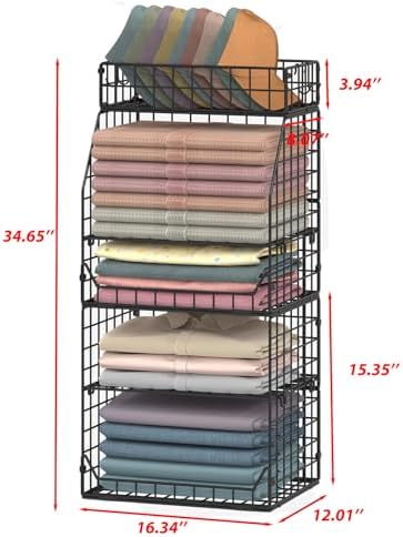 Jakyitvi 5-Tier Stackable Closet Organizers and Storage with Small Basket for Hats,Closet Storage Basket with Adjustable Dividers and 4 hooks,Clothes Shelf Bins for Closet Organizer System,Black - Image 3