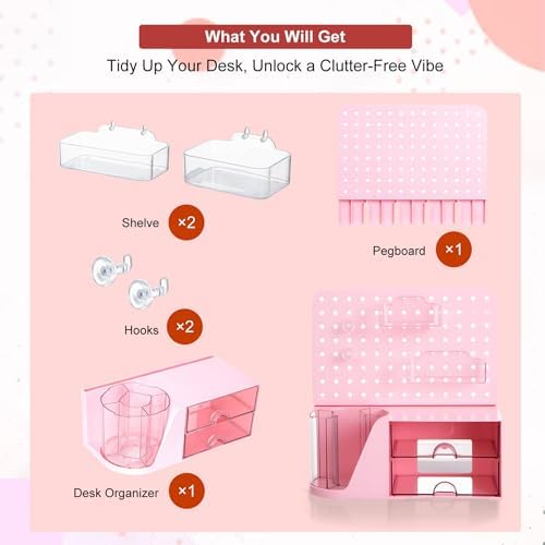 Comix Desk Organizer with 2 Drawer, Pink 360° Rotating Pen Holder for Desk - Image 6