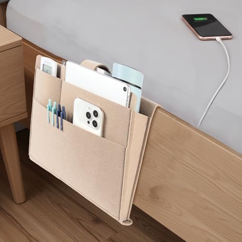 Seefoo Bedside Caddy, Large Bed Caddy Organizer with Cord Slit, Beige - Image 2