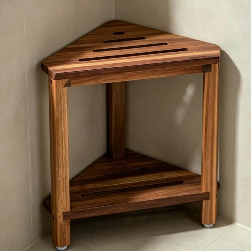 IBosins Corner Shower Stool 16.1in Small Bench Storage Shelf Natural Finish by IBosins