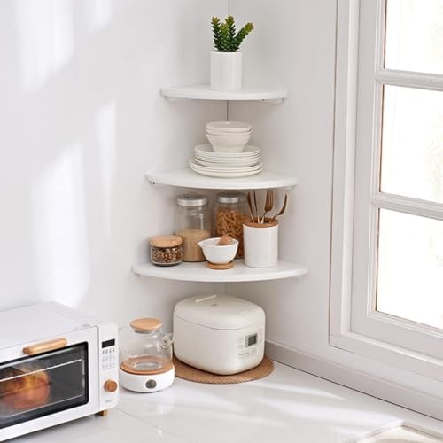 Corner Shelf, White Floating Corner Shelf, Set of 2 7inch Solid Oak Wood Corner Wall Shelves, Round End Wall Mount Display Shelf with Wire Hole for Small Plant for Bedroom Kitchen, Living Room - Image 4