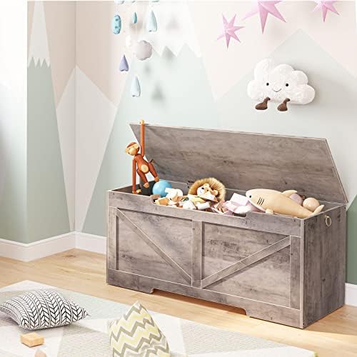 HOOBRO Storage Bench, 43.3” Retro Wooden Storage Chest with U-Shaped Cut-Out Pull, Safety Hinge, Supports 330 lb and Easy Assembly for Toy Box Organizer (Greige) BG772CW01G1 - Image 2