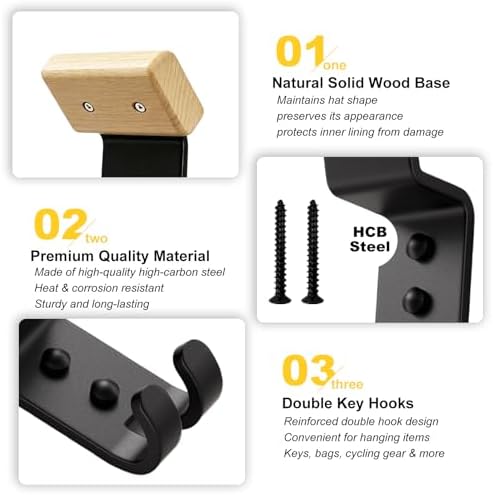 Motorcycle Helmet Holder Wall Mount - Heavy Duty Helmet Hanger Rack with 2 Key Hooks, Solid Wood & Strong Steel Design for Bike, Football, Skiing Sports Gear, Jackets & Hats (Yellow*2) - Image 4