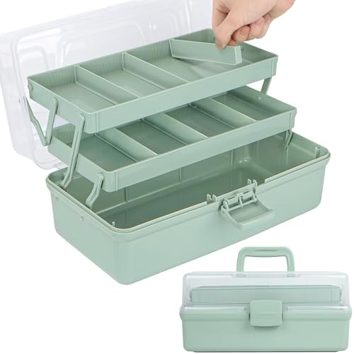 TERGOO 12.5in 3-Layer Multipurpose Craft Organizers and Storage with Adjustable Dividers, Portable Tackle Box, Folding Art & Craft Case for Medicine, Tool, Sewing Organizer (Haze Green) by Focusonefficientstorage