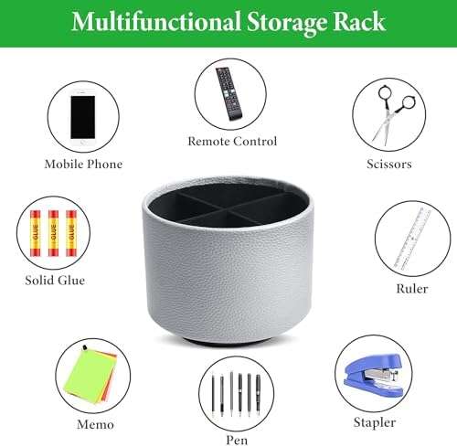 Round Leather Art Supply Organizer,Remote Control Holder,360 Degree Spinning,Multi-Functional Pencil Holder,4 Compartments Desktop Stationary Organizer(1-Lichee Silver) - Image 5