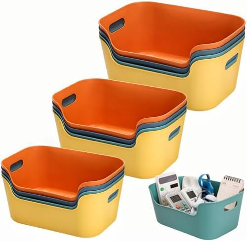 Tlence 12 Pack Colorful Plastic Storage Baskets, Classroom Organizer Bins with Built-in Handle, Open Cubby Storage Bins, Household Pantry Shelf Organization Containers for Office, 3 Sizes by Tlence