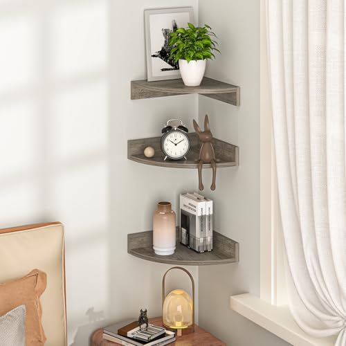 Fun Memories Corner Shelf Wall Mount, Wood Floating Corner Shelves,Corner Wall Shelf for Bedroom, Bathroom, Kitchen, Living Room (Grey, 3 Pack) - Image 2