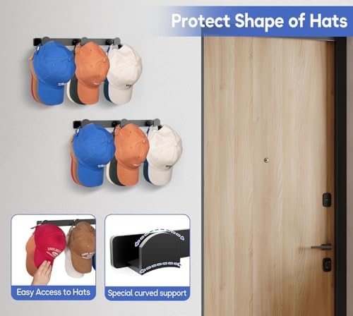 KIMBORA 2 Packs Hat Rack for Wall, Hat Organizer for Baseball Caps, 3 Mounting Options Cap Hook Hanger, Strong Snapback Holder Storage Display for Door, Room, Closet (Black) - Image 5