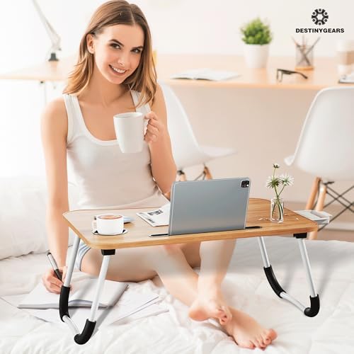 Lap Desk Bed Trays for Eating and Laptops Breakfast in Bed Tray for Sofa/Couch/Study/Reading/Writing with Cup Holder/Drawer On Low Sitting Floor Large Portable Foldable (Walnut Beige) - Image 2
