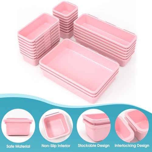 25 PCS Drawer Organizer Set, 4 Size Makeup Drawer Divider Organizer With Non-Slip Pads, Interlocking Plastic Storage Bins for Office,Jewelry Vanity,Gadgets, Bathroom,Kitchen, Pink - Image 3