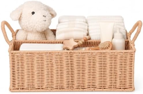 Diaper Caddy Organizer, Hand Rattan Nursery Baby Basket Changing Table Organizer for Baby Essentials, Baby Shower Gifts, Versatile Shelf Basket Bathroom/Kitchen Organizer (Blush Beige, L) by Klippehop