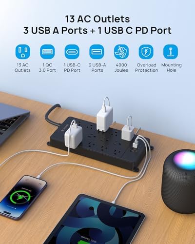TROND 10ft Surge Protector Power Strip with 32W USB, 4000J,ETL Listed,Black - Image 5