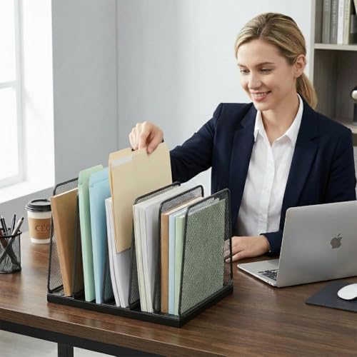 5-Section Vertical File Organizer for Desk, Sturdy Wood Base & Metal Mesh Desktop File Holder, Upright Paper Folder Sorter for Office Supplies（Black） - Image 4