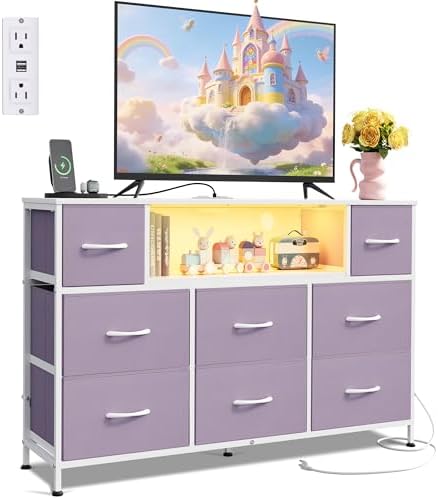 WLIVE LED Dresser TV Stand for 55 Inch TV, 8 Fabric Drawers, Purple Dresser by WLIVE