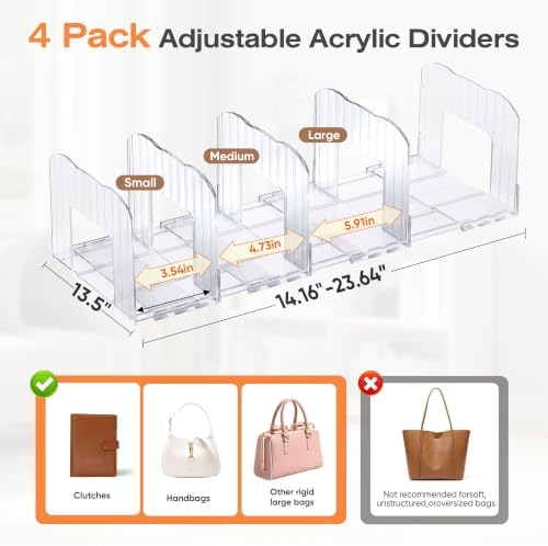 Glxgow 4 Pack Adjustable Acrylic Purse Organizer for Closet Shelf, Clear Handbag Storage Dividers, Detachable & Connectable Bag Organizer for Wallets, Clutches, Purses and Handbags - Image 2
