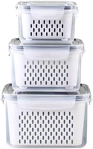 3Pack Fridge Food Storage Container Set with Lids with Strainer, Fruit Vegetable Storage Containers Keep Fruits, Vegetables, Berry, Meat Fresh longer, BPA-Free Plastic Produce Keepers by Ronanemon