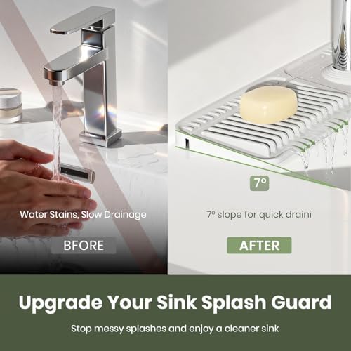 2PCS 24 Inch Faucet Mat for Kitchen Sink, Silicone Splash Guard for Kitchen Sink Area, 7° Slope Fast Self-Draining Sink Mat, Cuttable Hole Design, Sink Backsplash Guard Draining Mat, Light Grey - Image 3