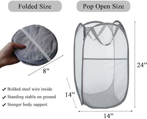 Larpur 2 Pcs Popup Mesh Laundry Baskets, Collapsible and Portable Clothes Washing Laundry Hampers with Reinforced Carry Handles, Gray Clothes Hamper for Home, Travel, College Dorm - Image 2