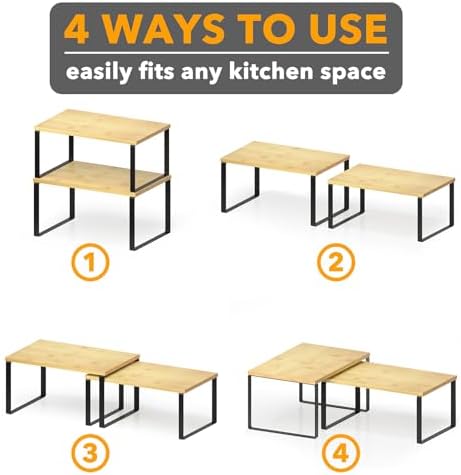 SpaceAid Cabinet Shelf Organizers 2 Pack, Kitchen Counter Rack Shelves Riser, Stackable Expandable Spice Rack, Pantry Cupboard Storage Organization (Black and Natural, Short) - Image 6